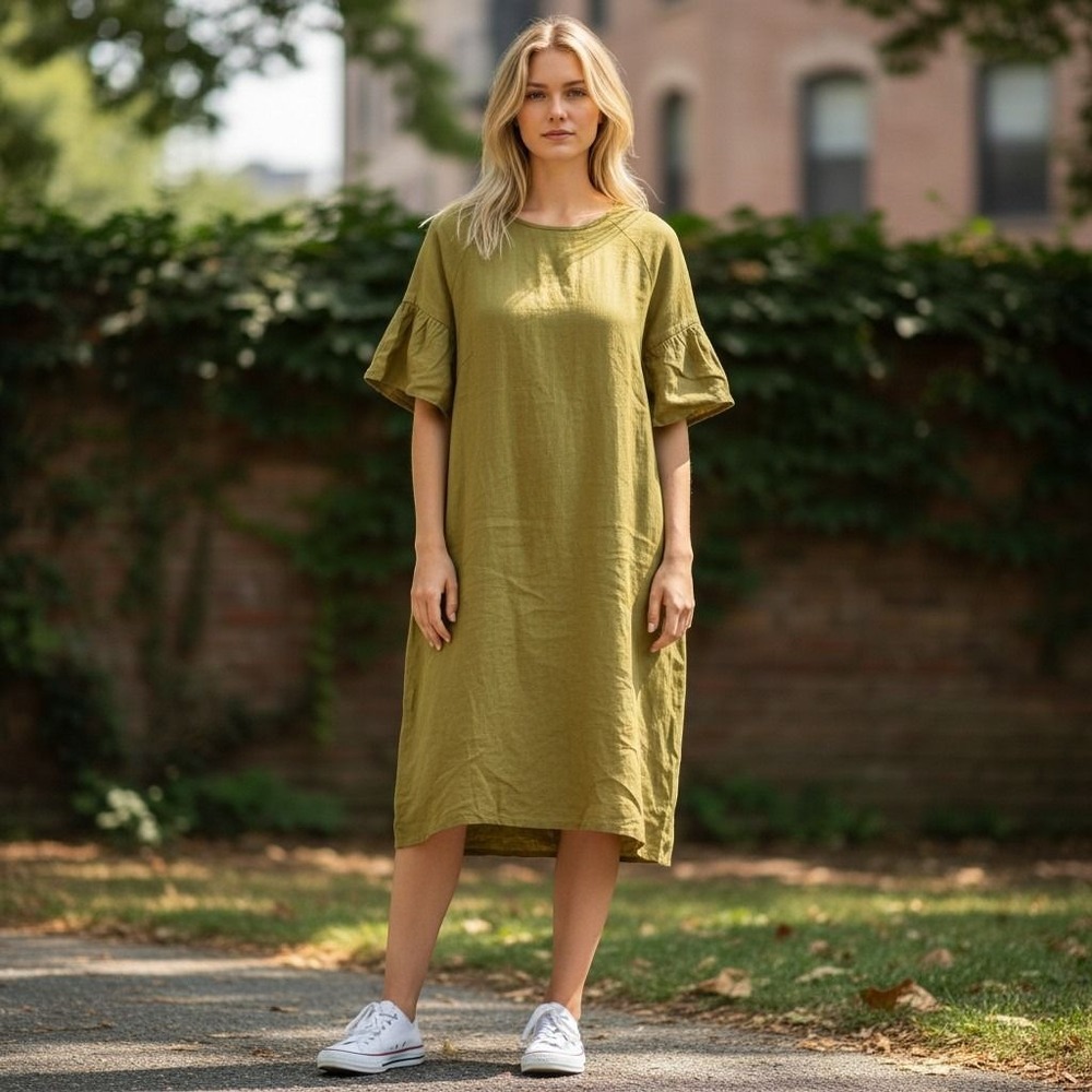 Lintico Linen Shift Dress Womens Large Green Flutter Sleeve Midi Pockets